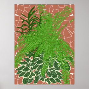 Poster Fougères vertes et hostas sur mosaïque de terre cu