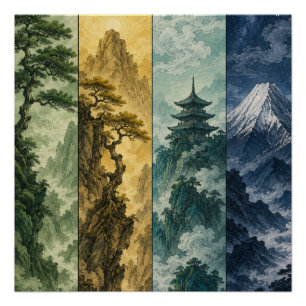Poster Four Seasons Mountain   Paysage à l'encre japonais