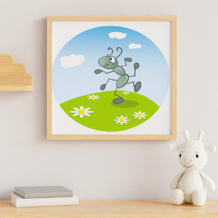 Poster Fourmi dansante sur l'herbe avec des fleurs