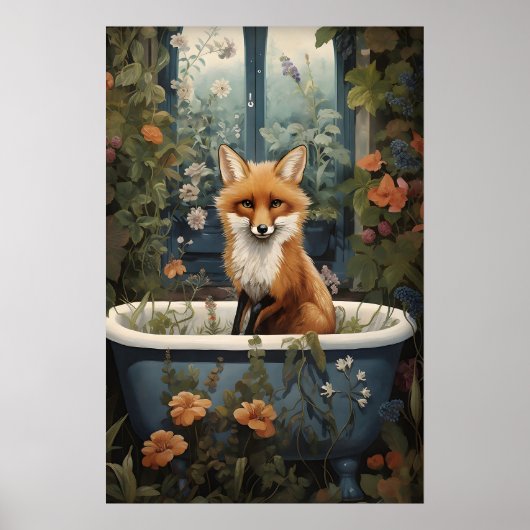 Poster Fox Bathroom Print, Fox Tub Flower Bath Bathtub (Devant)