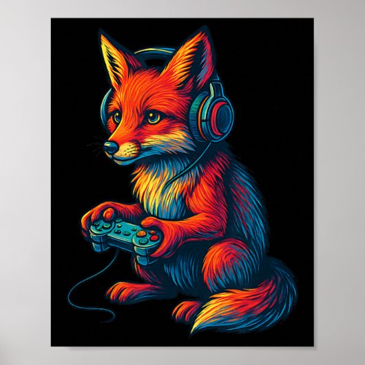 Poster Fox Gaming With Headphones Funny Video Games Gamer (Devant)