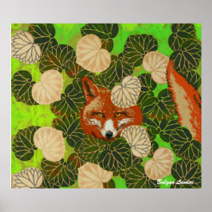 POSTER FOX ROUGE PARMI LES FEUILLES VERTS ET LE FOLIAGE