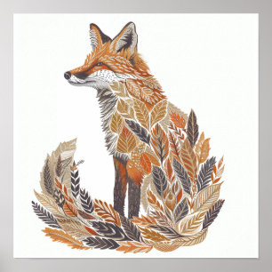 Poster Fox Silhouette avec Motifs feuille détaillés