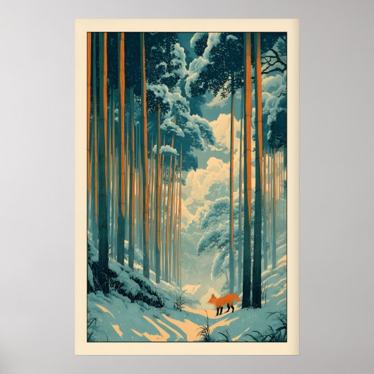 Poster Fox Wall Art Print Winter Bamboo Forest - Vertical (Devant)