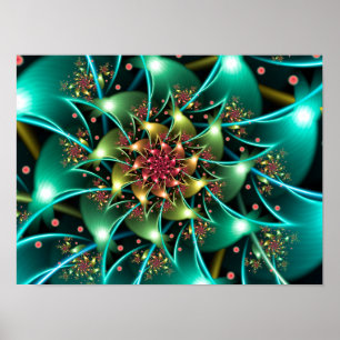 Poster Fractale à fleurs turquoise