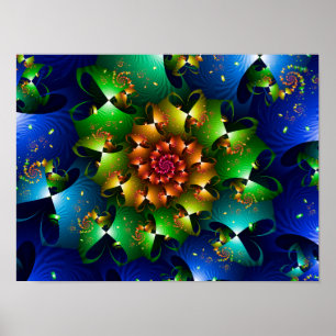 Poster Fractale Florale Étoilée Bleu Cosmique Lime