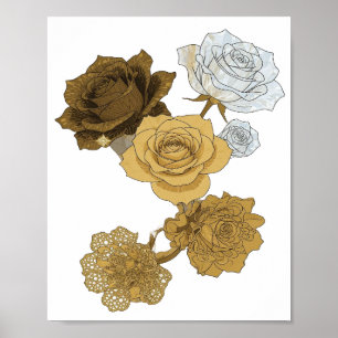 Poster Frais Gris ROSES DORÉES Art Text 3D