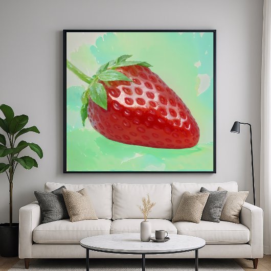 Poster Fraise avec Feuille - Style Peinture