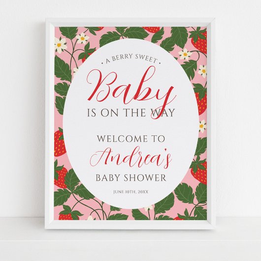 Poster Fraise douce Florale Fille Baby shower Bienvenue