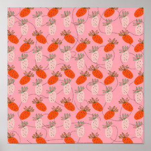 Poster Fraises motif gribouillé rose blanc   
