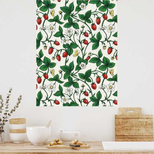 Poster Fraises sauvages rouge/jaune/vert/blanc cassé (Cuisine)