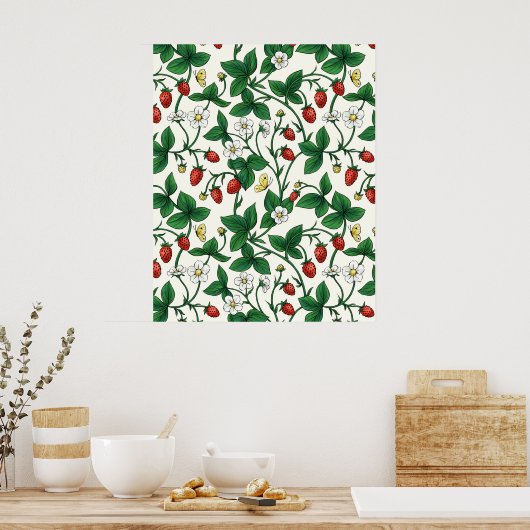 Poster Fraises sauvages rouge/jaune/vert/blanc cassé (Cuisine)