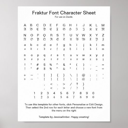 Poster Fraktur Font Character Sheet for Zazzle (Devant)