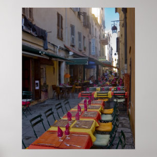 Poster France, Corse. Tables de café installées dans une