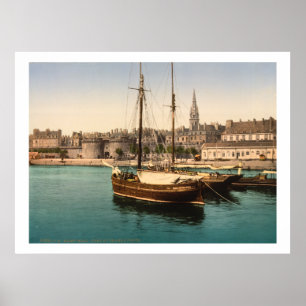 Poster France vintage, Navires dans le port de Saint Malo