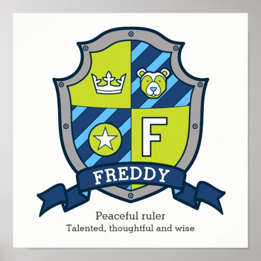 Poster Freddy lettre F nom de garçon signification blason (Devant)