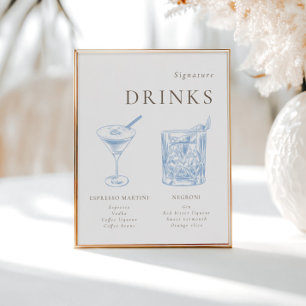 Poster French Blue Floral Line Art Signature Boissons