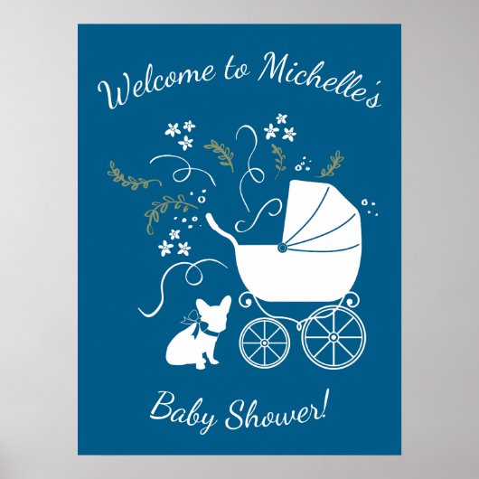 Poster French Bulldog Theme Party - Baby shower Blue (Devant)