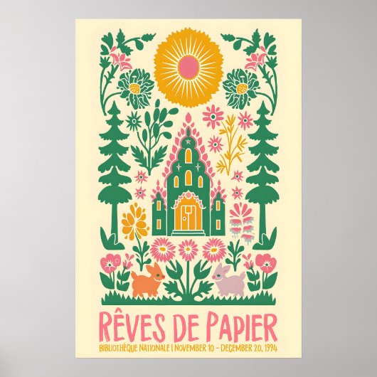 Poster French Folk Art Print Floral Rabbit Exhibition (Devant)