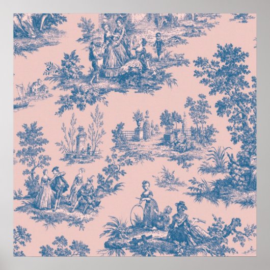 Poster French toile de jouy bleu et rose élégant (Devant)