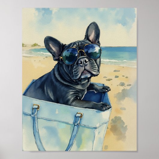 Poster Frenchie à la Plage Aquarelle (Devant)