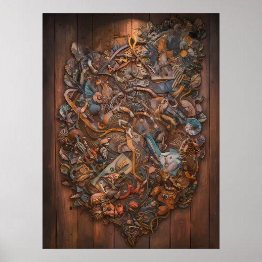 Poster Fresque enchantée sur mur en bois (Devant)