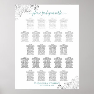 Poster Frilly 22 Table Wedding Seating Chart White & Teal