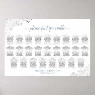 Poster Frilly 26 Table Wedding Seating Chart White & Blue