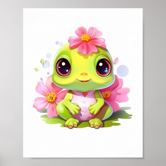 Poster Frog Nursery Décor Cute Froglet avec fleurs roses (Devant)