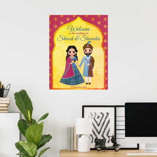 Poster Frontière design rose et or mariage indien bienven (Bureau à domicile)