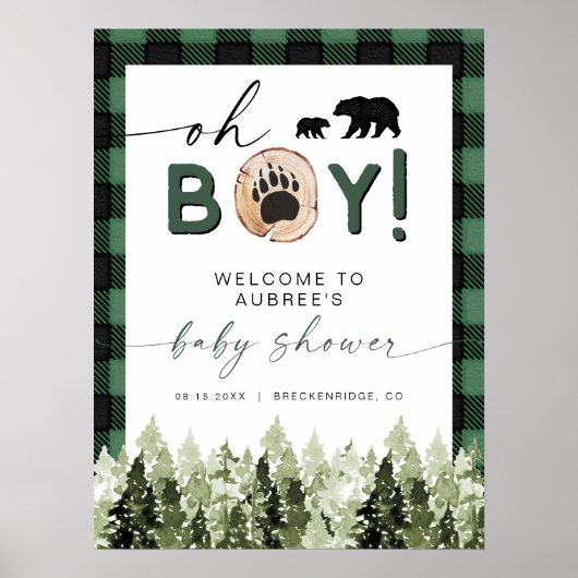 Poster FROST Green Flannel Pine Bear Baby shower Bienvenu (Devant)