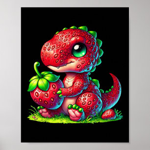 Poster Fruit d'été aux fraises mignonnes Dinosaure T Rex
