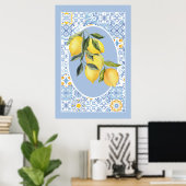 Poster Fruits de citron, carreaux bleus d'inspiration eur (Bureau à domicile)