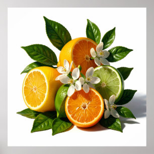Poster Fruits de Citrus Vibrants Fleurs Réalistes