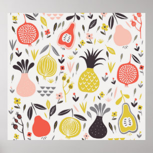Poster Fruits vintages, fleurs : motif sans soudure.
