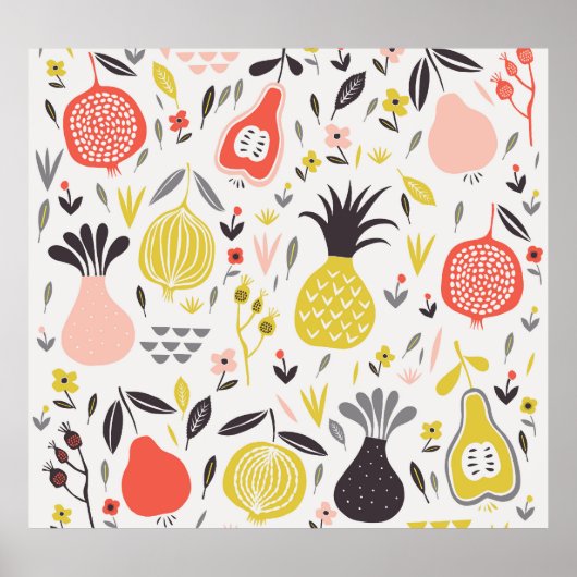 Poster Fruits vintages, fleurs : motif sans soudure. (Devant)