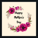 Poster Fuchsia Poppies Floral Wreath Bonne fête des mères<br><div class="desc">Une affiche conçue avec de jolis pavots rose fuchsia et des sprigs décoratifs et des feuilles dans une couronne circulaire fleurie. Joyeuse fête des Mères écrite à l'intérieur dans une police tendance mignonne. Joli et élégant.</div>