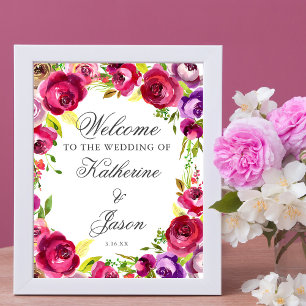 Poster Fuchsia Rose Floral Chic Romantique Mariage Bienve