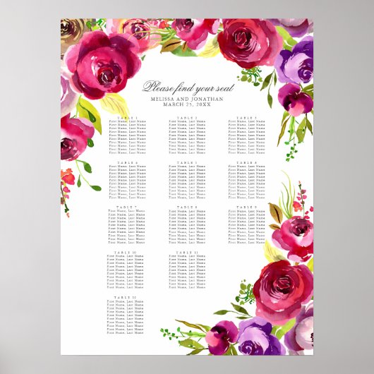 Poster Fuchsia Rose Floral Spring Wedating Chart (Devant)