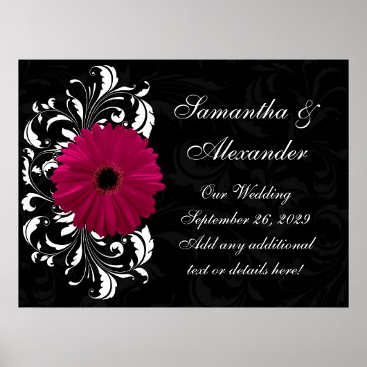 Poster Fuchsia Scroll Gerbera Daisy avec noir et blanc (Devant)