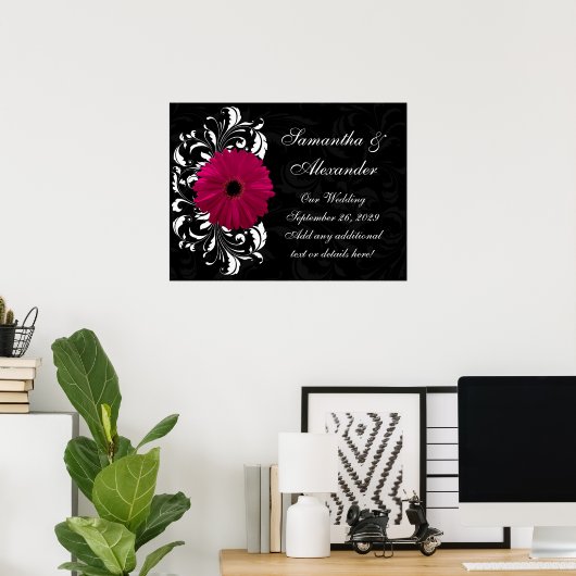 Poster Fuchsia Scroll Gerbera Daisy avec noir et blanc (Bureau à domicile)