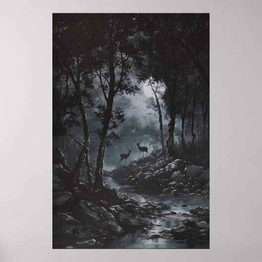 Poster Full Moon Dark Forest with Fawn Deer Art Dark (Devant)