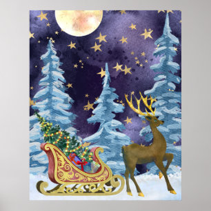 Poster Full Moon over Reindeer With Sleigh