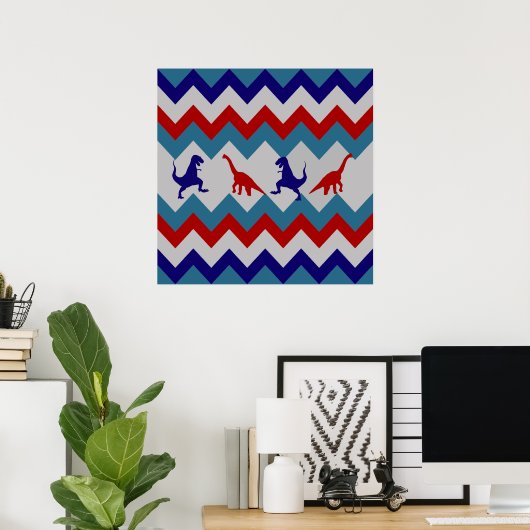 Poster Fun Boys Dinosaures Rouge Bleu Chevron Motif (Bureau à domicile)