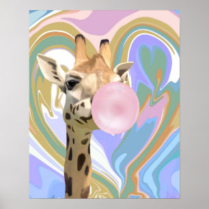 Poster Fun Bubblegum soufflant Giraffe Liquide Swirl Bleu