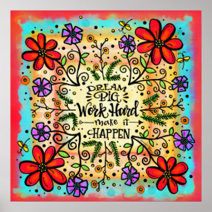 Poster Fun Floral "Travailler dur" Inspiration Classe