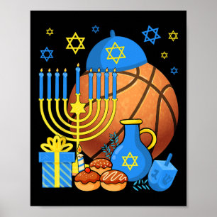Poster Fun Jewish Bysketbyll Byll Menorah Happy Hanoukka