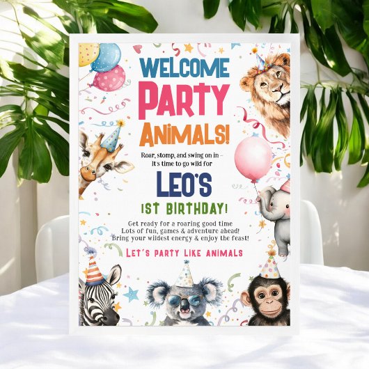 Poster Fun Party Animaux 1er anniversaire Bienvenue