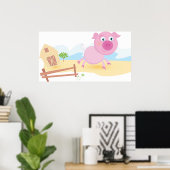 Poster Fun Pig sur ferme avec grange et clôture (Bureau à domicile)