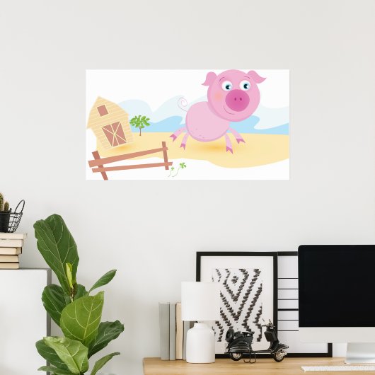 Poster Fun Pig sur ferme avec grange et clôture (Bureau à domicile)